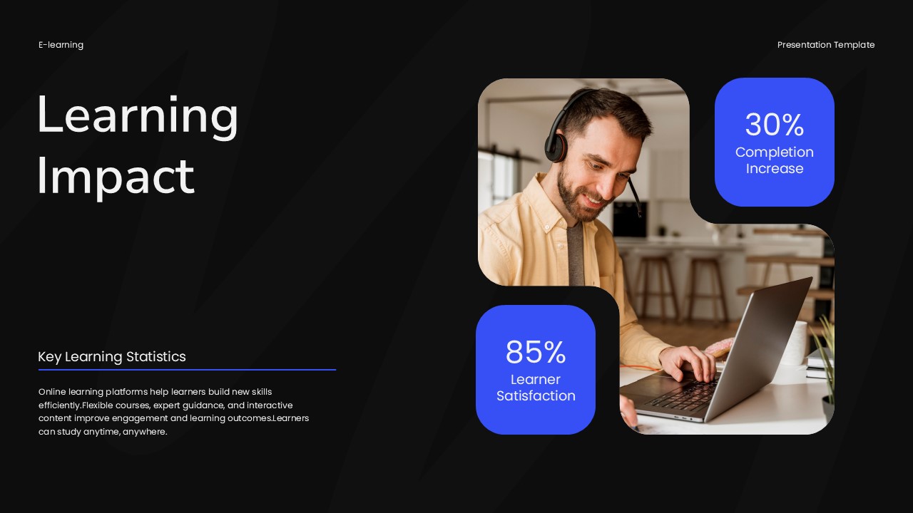 E-learning Template - Statistics slide showing 85% learner satisfaction
