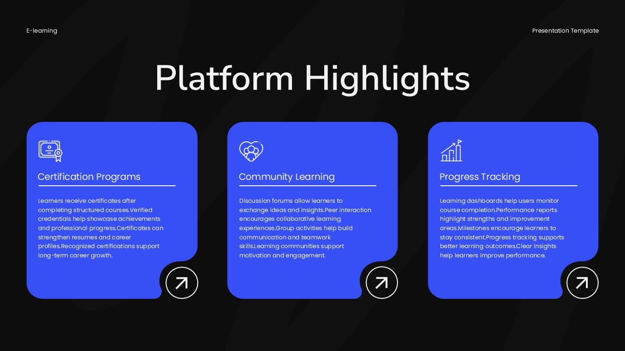 E-learning Template - Three-column highlights showing certifications