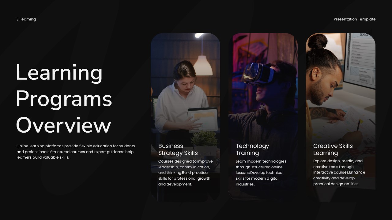 E-learning Template - Learning programs overview with three categories