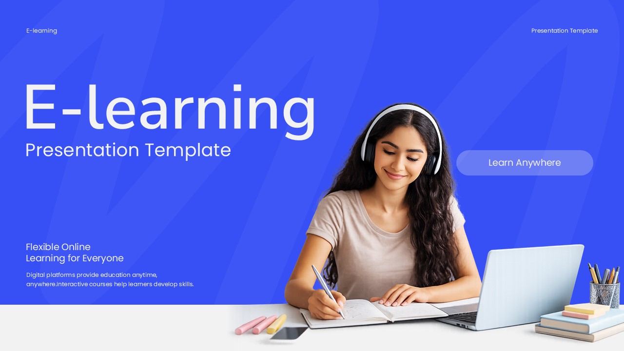 E-learning Template - Cover slide with woman studying online
