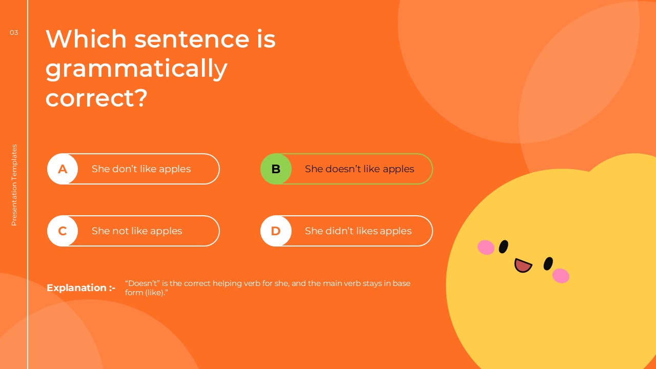 English Class Quiz Template - correct answer slide with option B highlighted in green and explanation text
