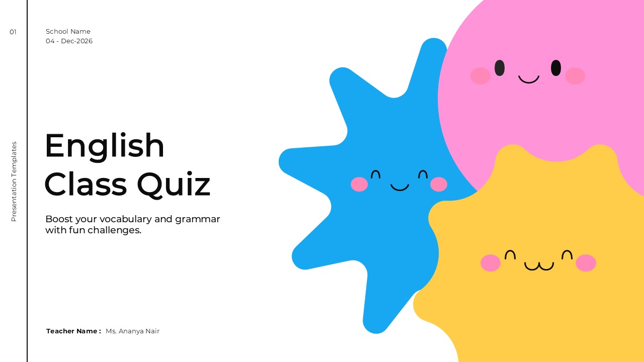 English Class Quiz Template - clean title slide with blue and yellow star characters on light background