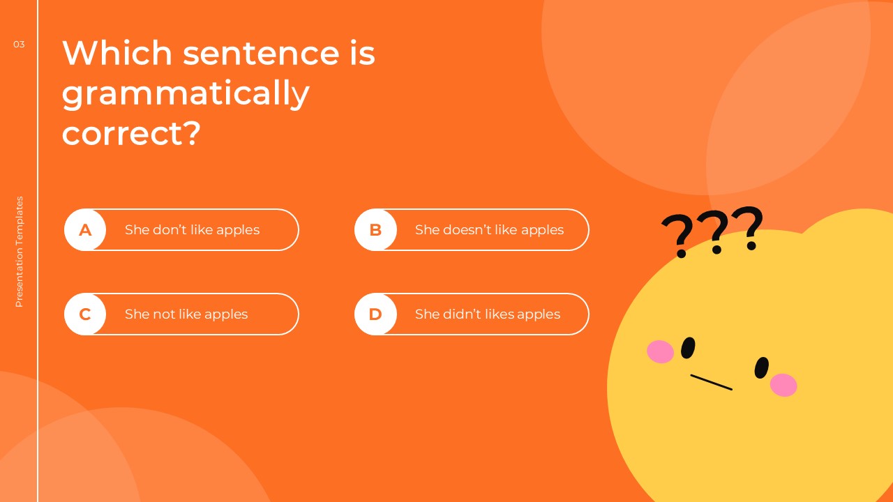 English Class Quiz Template - grammar question slide with orange gradient and 4 multiple choice options A-D