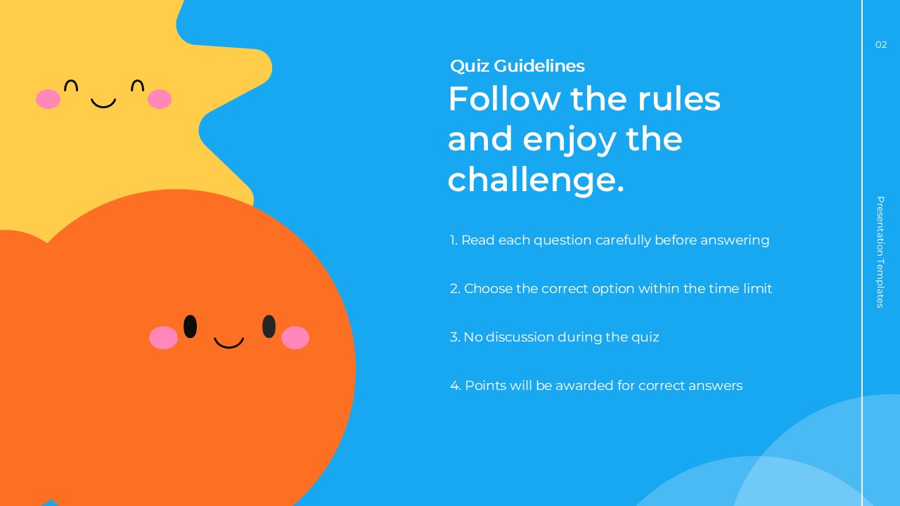 English Class Quiz Template - blue guidelines slide with orange character and 4 numbered quiz rules