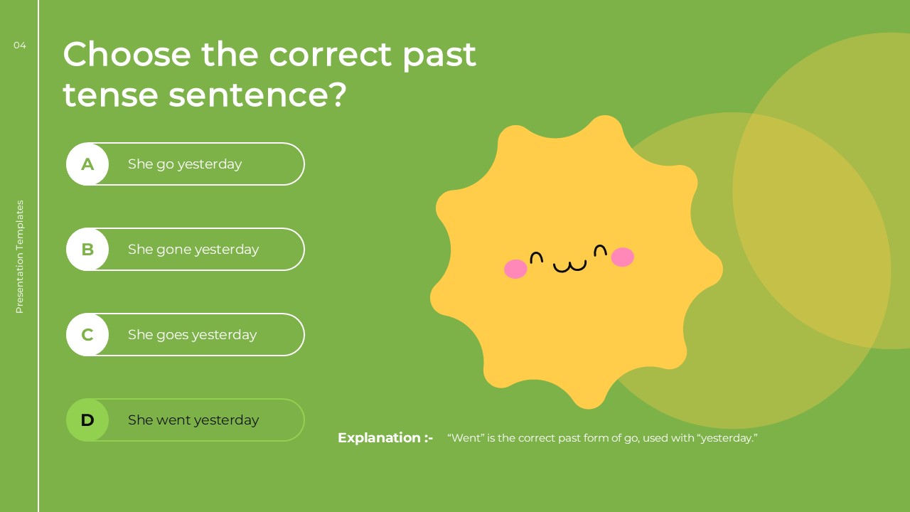 English Class Quiz Template - past tense correct answer with option D in green and explanation text