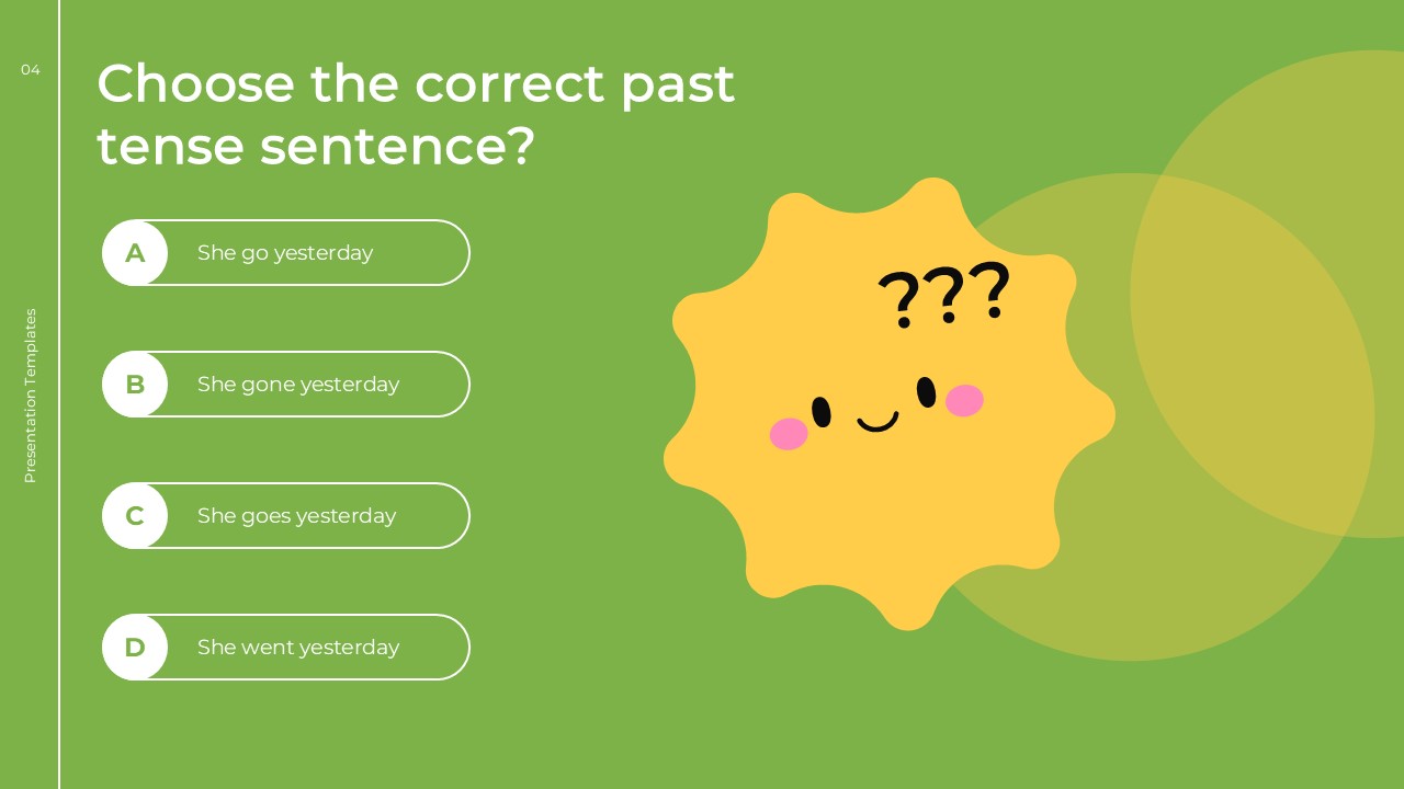English Class Quiz Template - past tense question slide on green background with 4 answer choices A-D