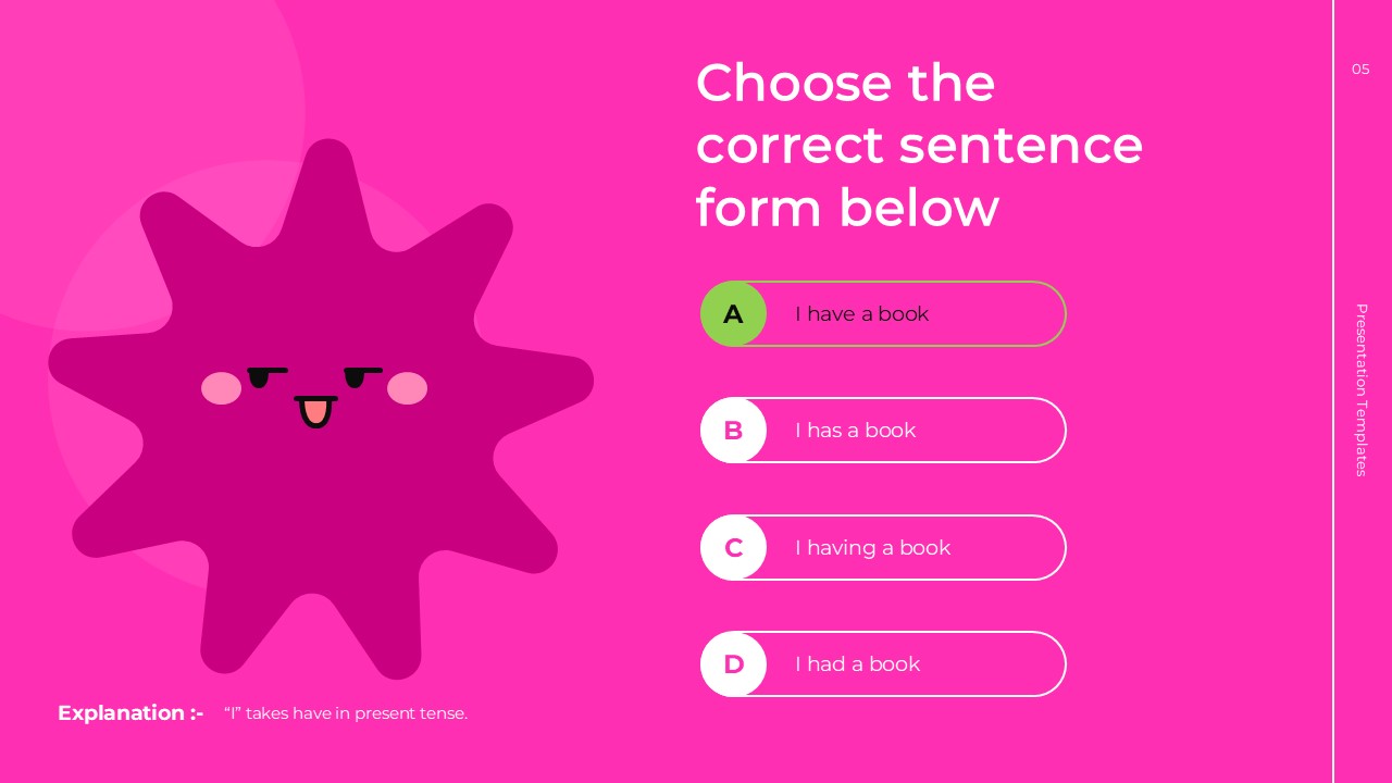 English Class Quiz Template - sentence form correct answer with option A in green and explanation