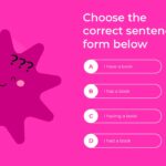 English Class Quiz Template - sentence form question on pink background with 4 multiple choice options
