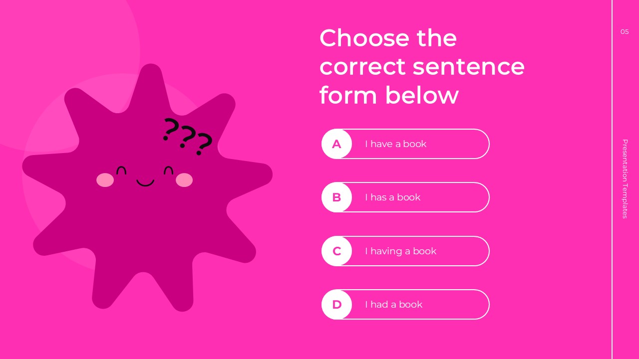 English Class Quiz Template - sentence form question on pink background with 4 multiple choice options