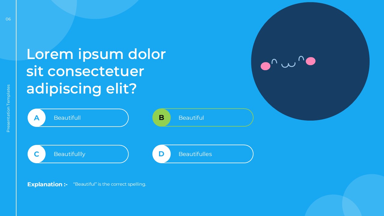 English Class Quiz Template - spelling correct answer with option A in green and explanation text