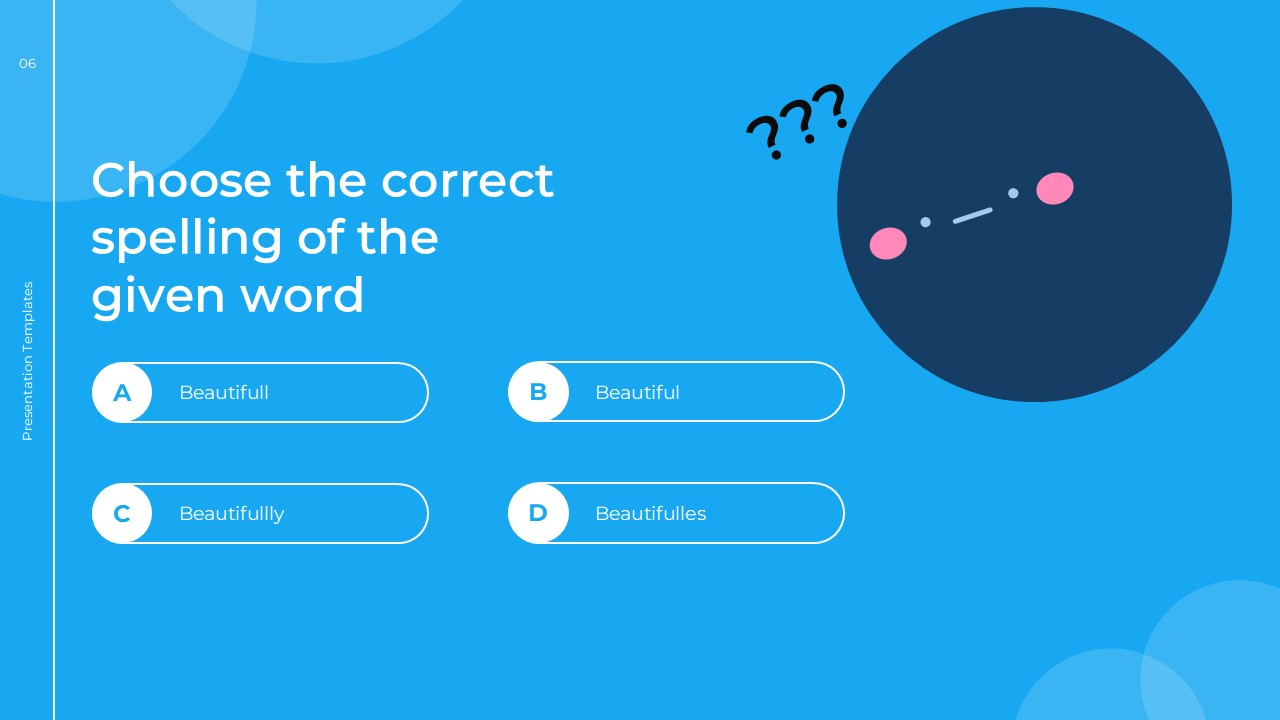 English Class Quiz Template - spelling question on blue background with circular character and 4 options