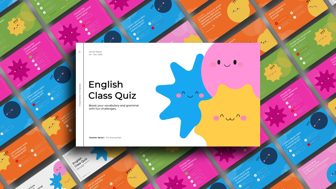 English Class Quiz Template - colorful cover slide with cartoon star characters on pink background