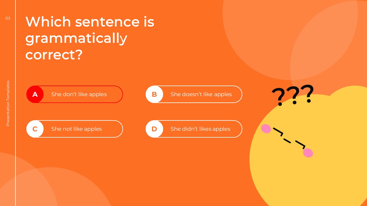 English Class Quiz Template - incorrect answer slide with option A highlighted in red and sad character