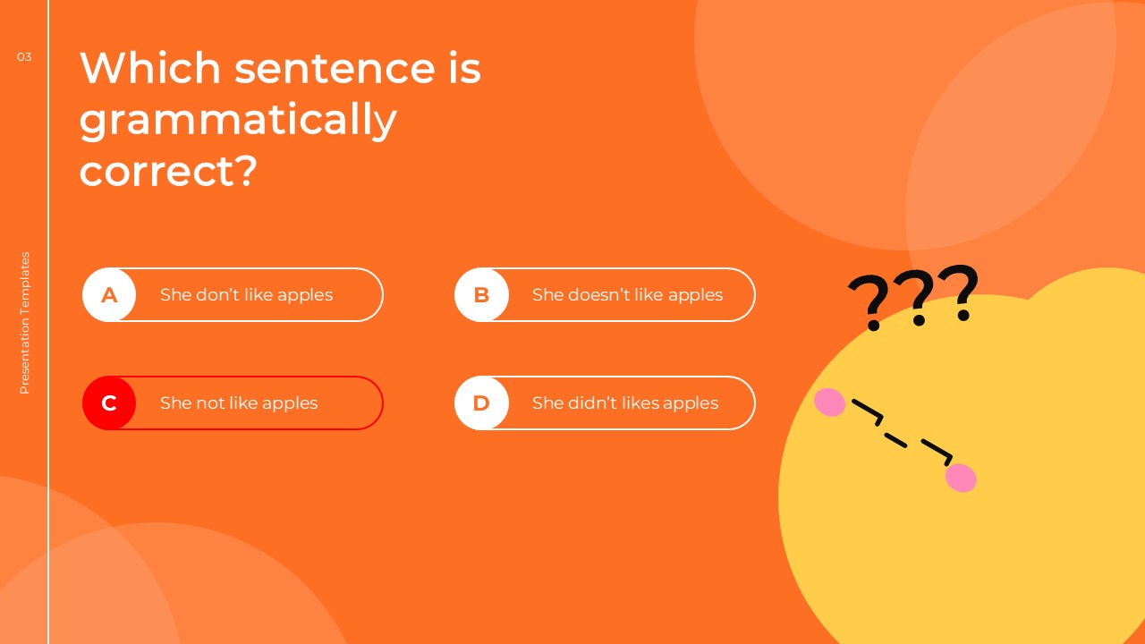 English Class Quiz Template - incorrect answer slide with option C highlighted in red and disappointed character