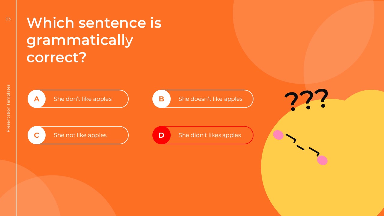 English Class Quiz Template - incorrect answer slide with option D highlighted in red and sad character