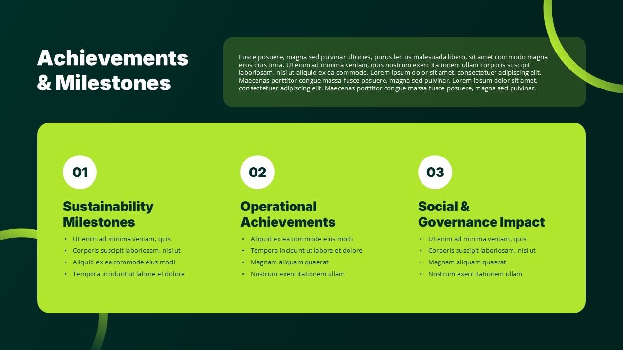 ESG Report Template - Achievements slide to highlight your sustainability milestones and accomplishments