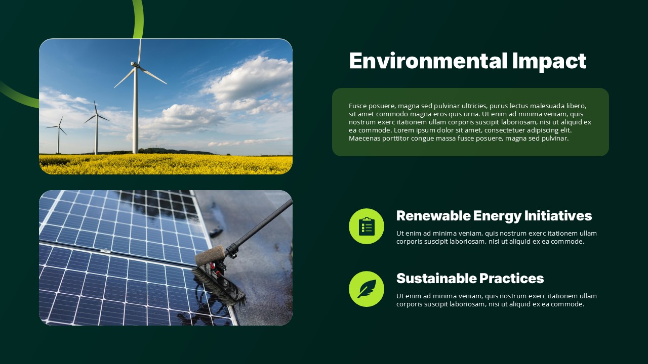 ESG Report Template - Environmental impact slide to showcase your green initiatives and renewable energy programs