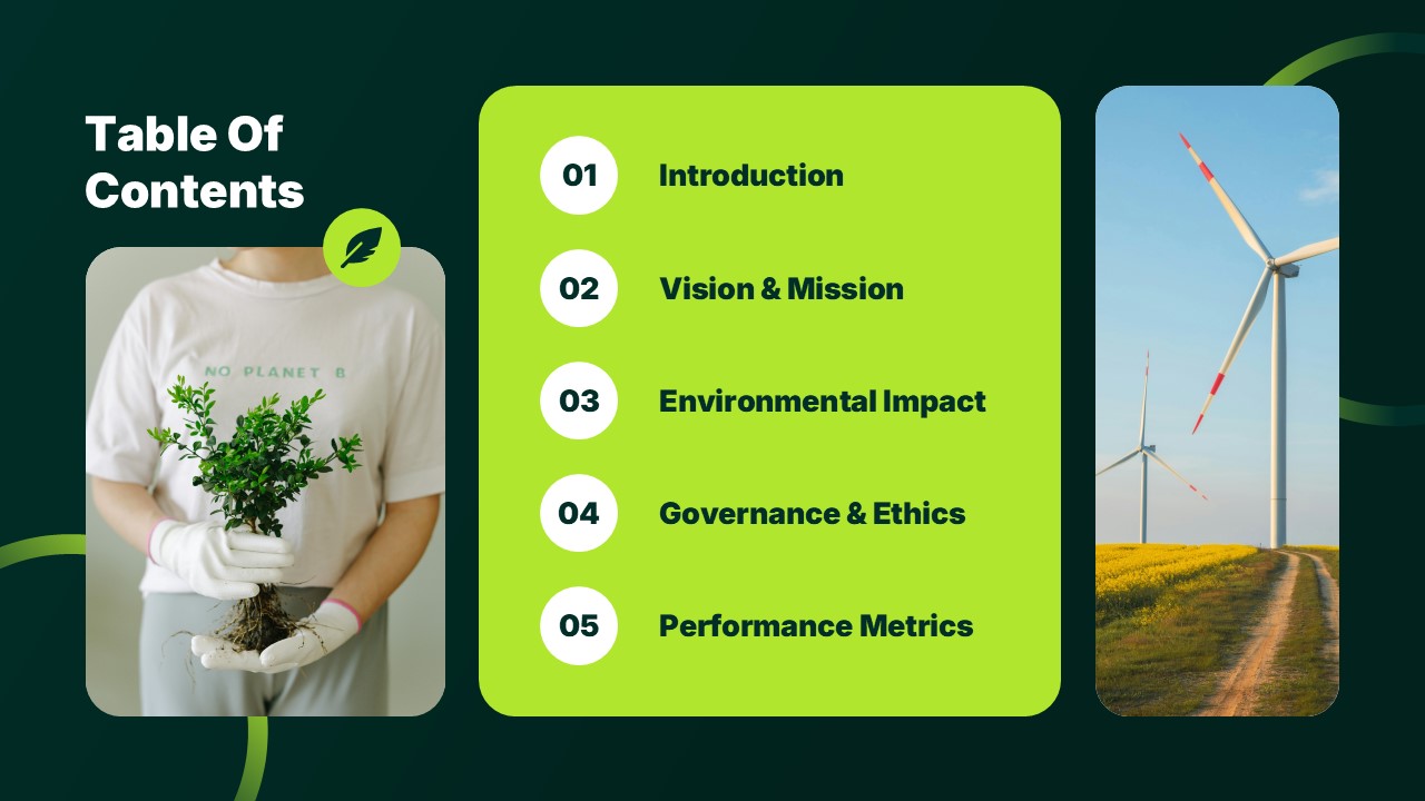 ESG Report Template - Table of contents slide to outline your sustainability presentation structure