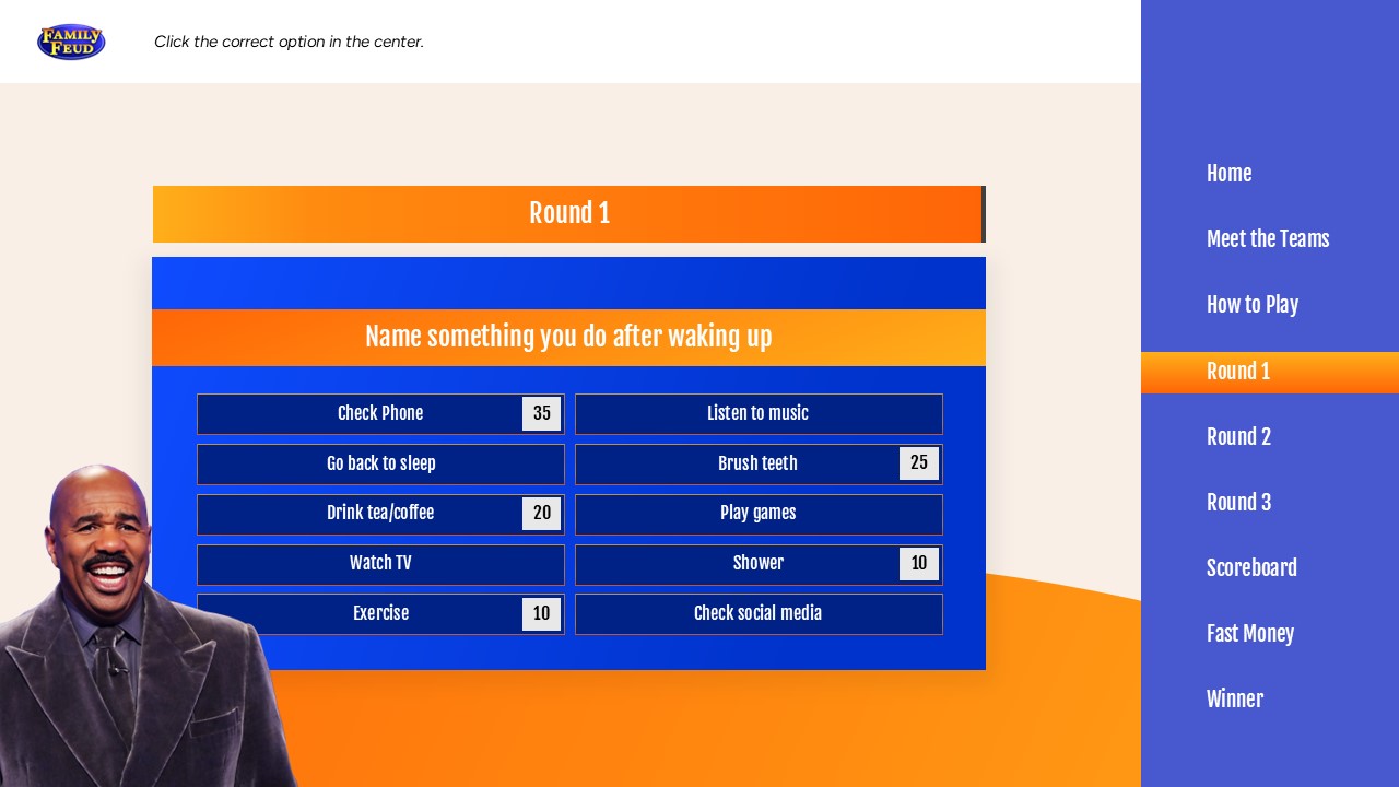 Family Feud Template - Answer board slide showing revealed responses with point values