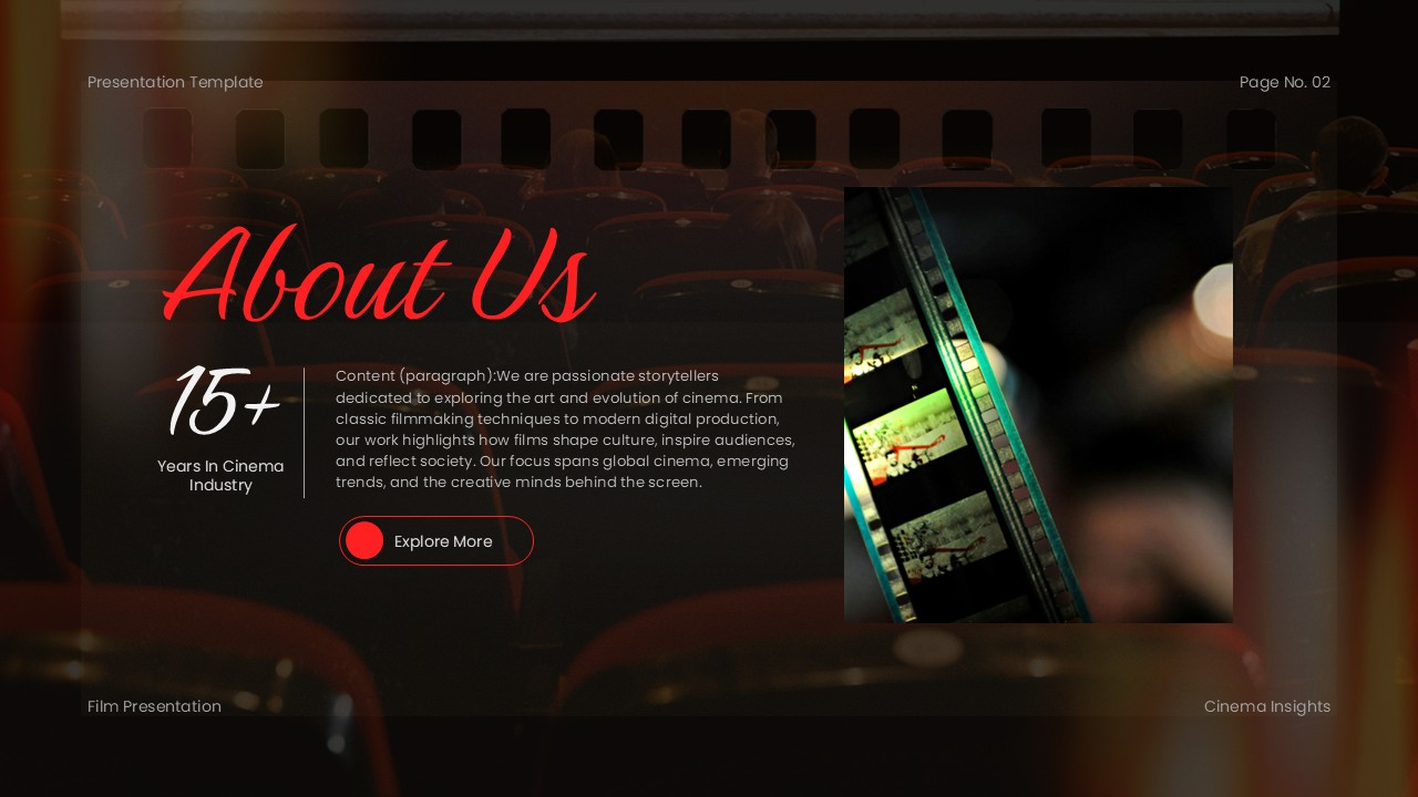 Plantilla de presentación de película: diapositiva "Acerca de nosotros" para mostrar los antecedentes de la compañía cinematográfica y su experiencia en la industria.