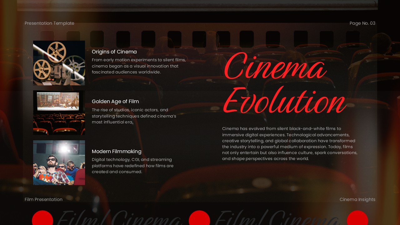 Plantilla de presentación de películas: diapositiva de línea de tiempo de la evolución del cine para presentar la historia y las etapas de desarrollo del cine.