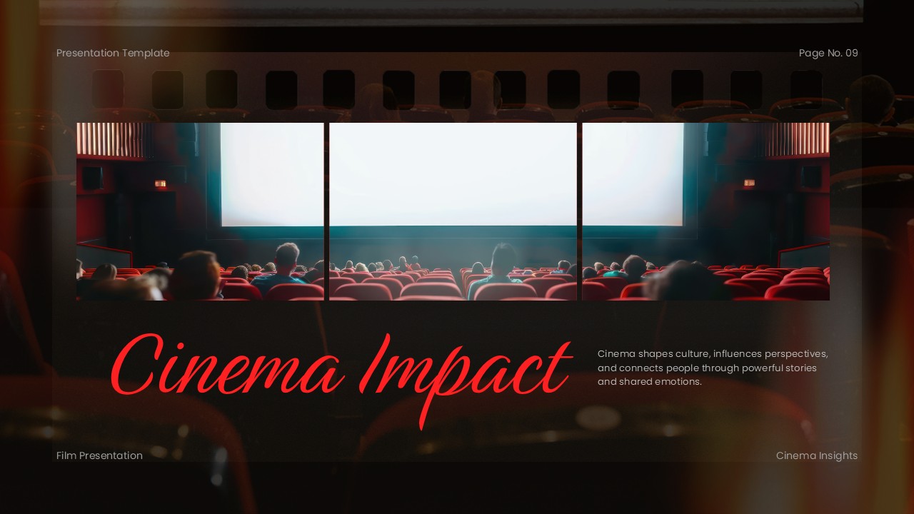 Plantilla de presentación de películas: diapositiva sobre el impacto del cine para mostrar la influencia cultural y social de las películas.