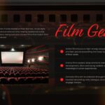 Plantilla de presentación de películas: diapositiva de descripción general de géneros para categorizar y explicar los diferentes tipos de películas.