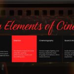 Plantilla de presentación de película: diapositiva de elementos clave para explicar la narrativa, la dirección, la cinematografía y el sonido.