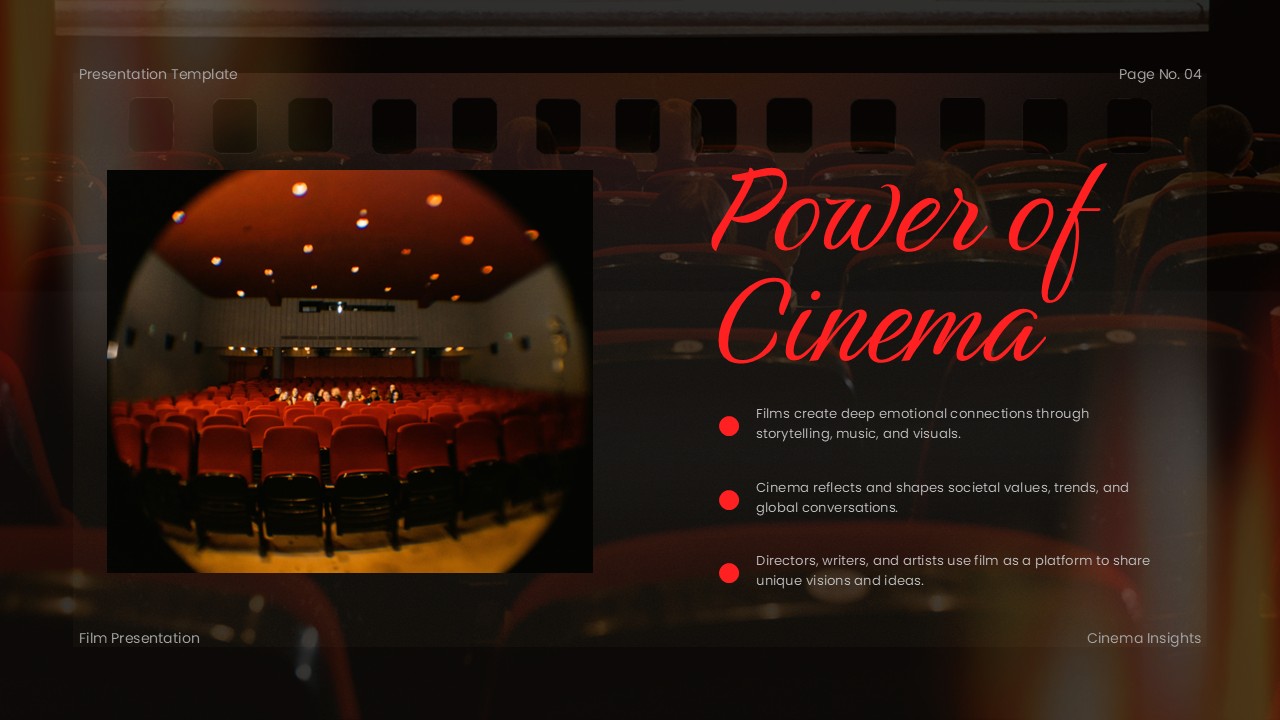 Plantilla de presentación de películas: diapositiva "El poder del cine" para analizar el impacto emocional y social de las películas.