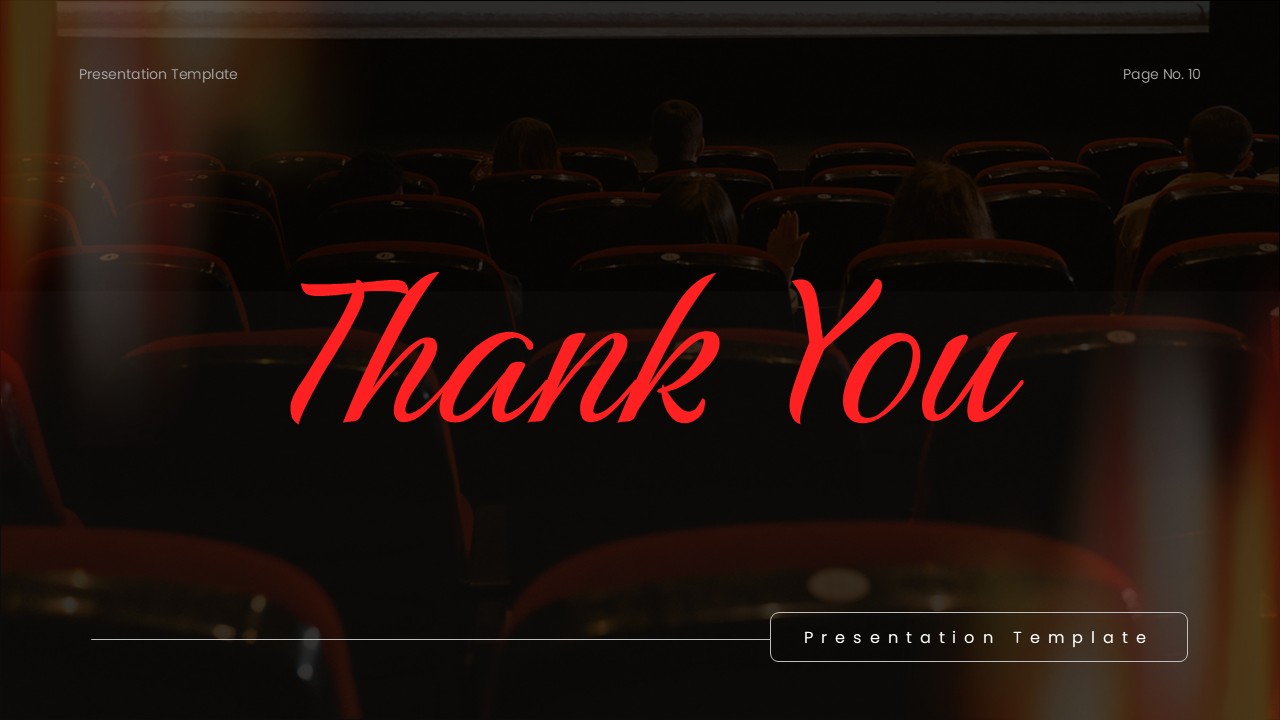 Plantilla de presentación de película: diapositiva de agradecimiento con elegante fondo de teatro para el cierre de la presentación.
