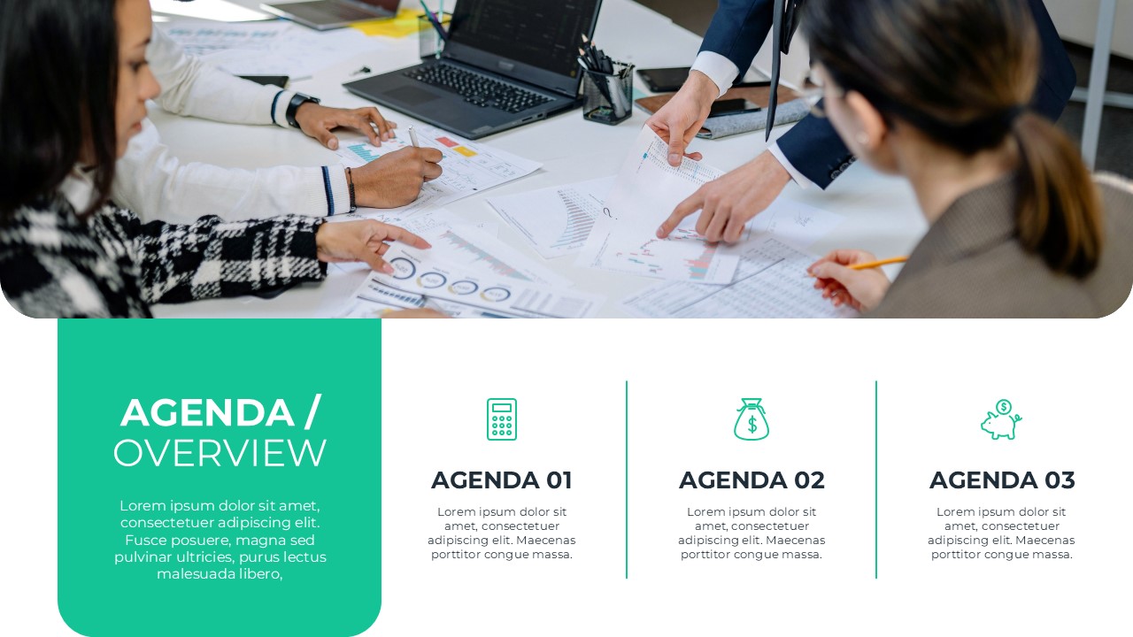 Financial Report Agenda - Three-column overview with financial icons