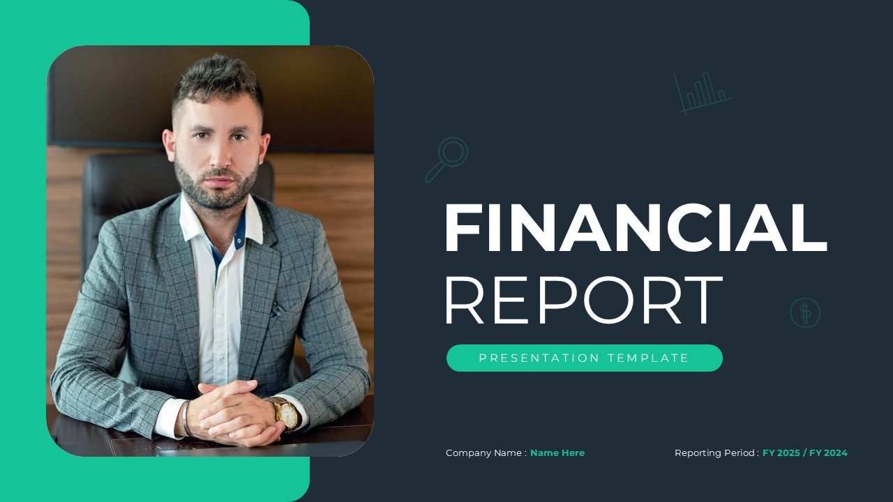 Financial Report PowerPoint Template - Title slide with teal navy design