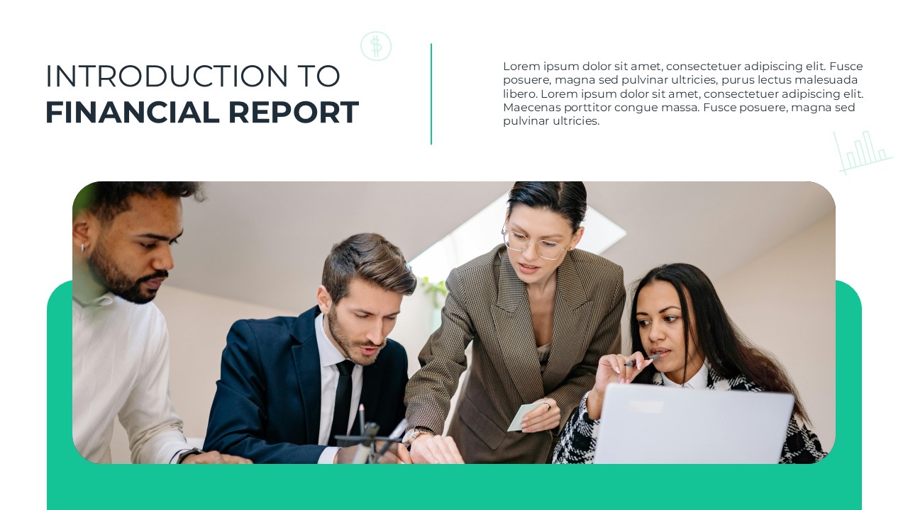 Financial Report Introduction - Team collaboration photo with text overlay