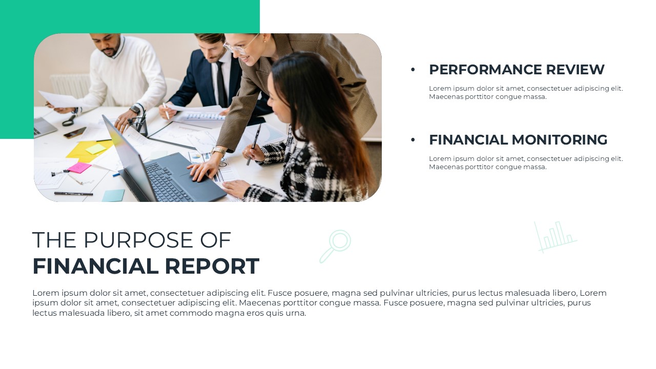 Financial Report Purpose - Split layout with meeting photo and bullet points