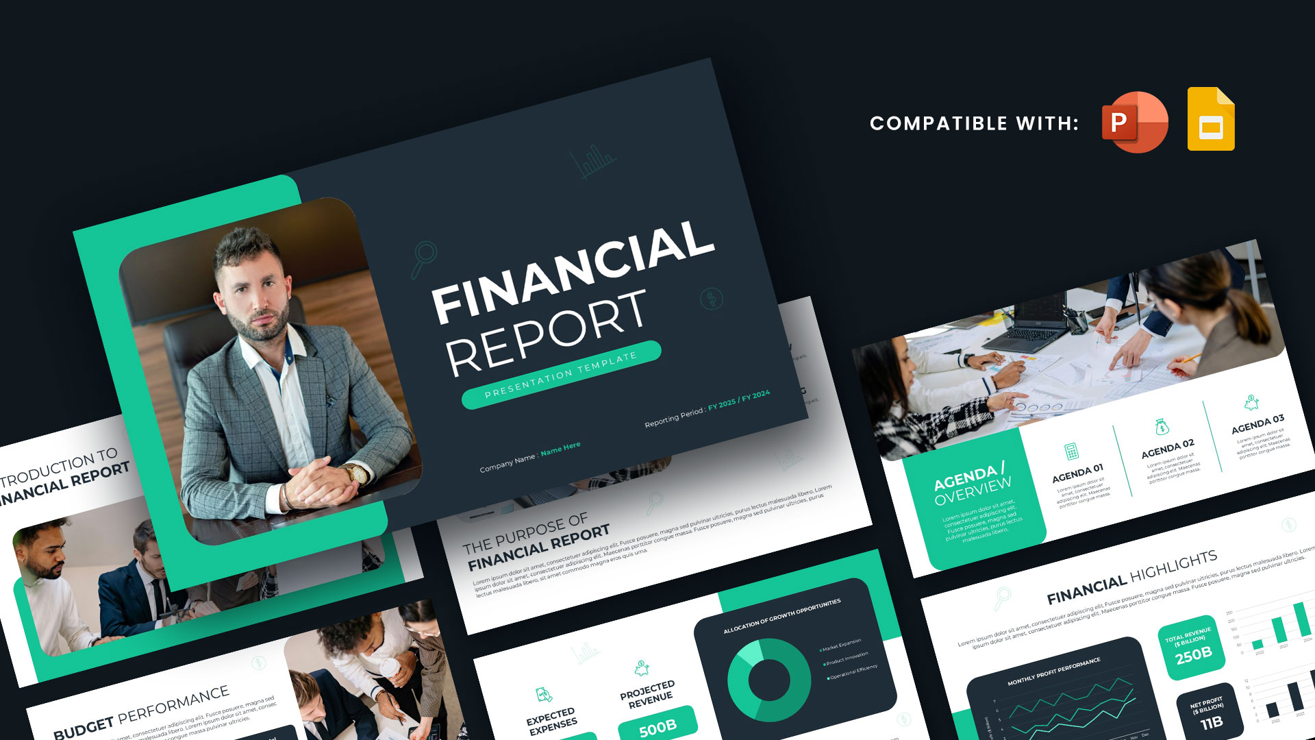 Financial Report Template - Professional cover slide with businessman photo