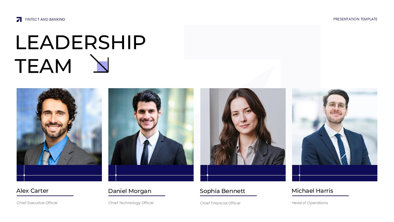 FinTech and Banking Template - Leadership team slide to introduce executives and key personnel with photos