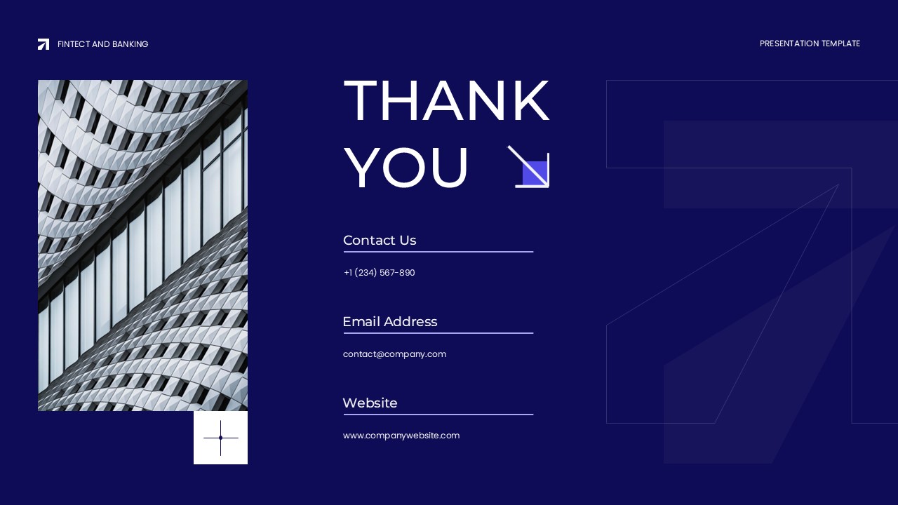 FinTech and Banking Template - Thank you slide to close presentations with contact information and company details