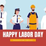 Happy Labor Day Google Slides PowerPoint Template - Title slide with worker illustrations and celebration banner