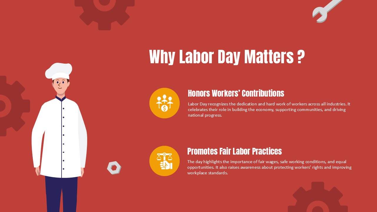 Happy Labor Day Importance Template - Red slide highlighting workers' contributions and fair labor practices