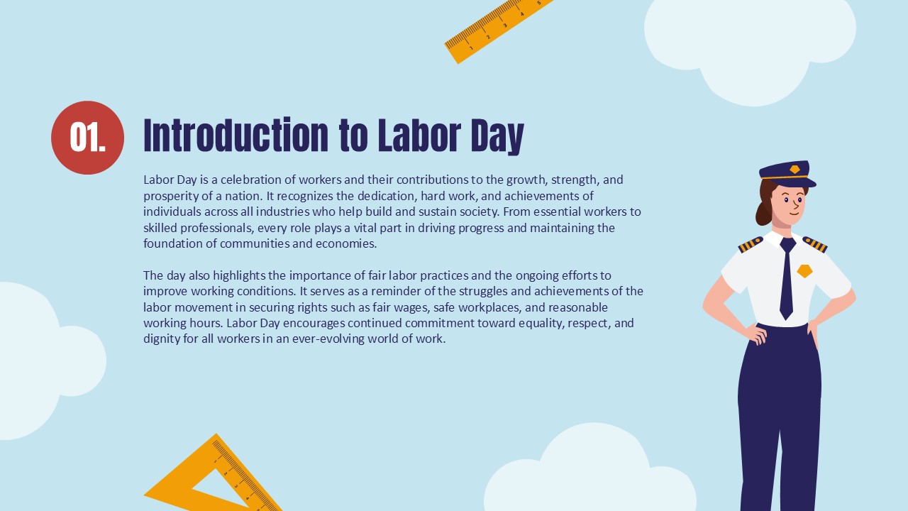 Happy Labor Day Introduction Template - Blue background slide with pilot illustration and educational content