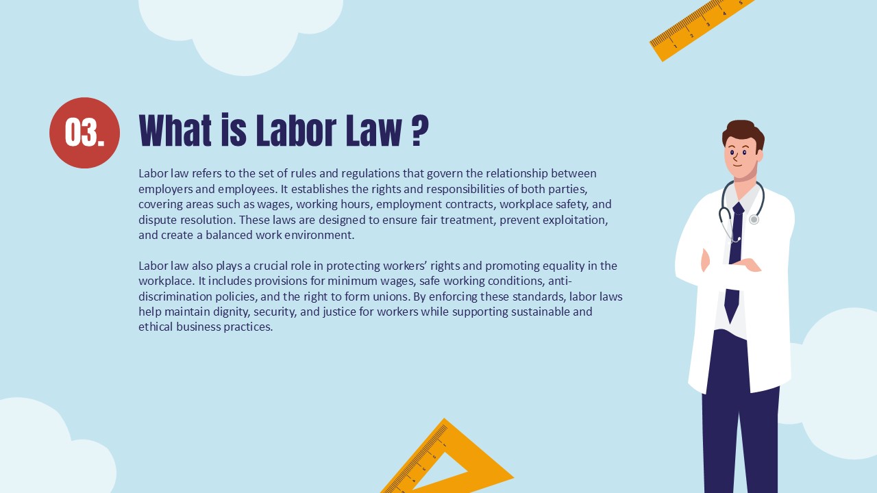 Happy Labor Day Labor Law Template - Educational slide with doctor illustration explaining workplace regulations