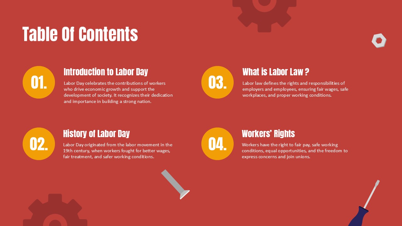 Happy Labor Day Table Contents Template - Red background slide with four numbered sections and industrial graphics