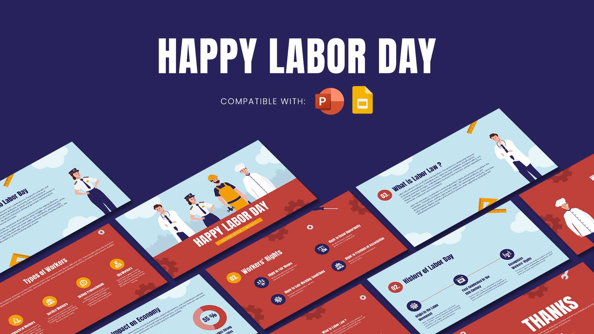 Happy Labor Day Template - Professional presentation cover with diverse worker illustrations and red banner