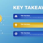 Large 3D key icon connected by thin lines to three horizontal blue and gold text banners for core presentation points