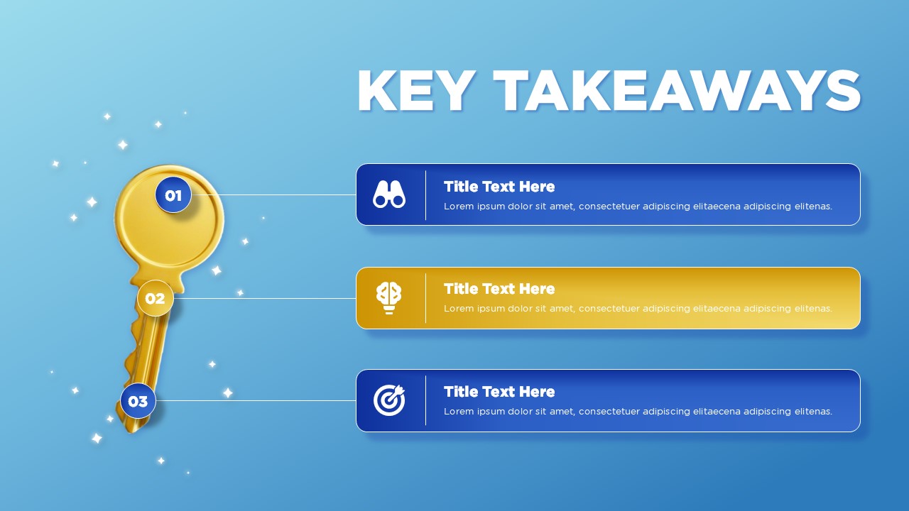 Large 3D key icon connected by thin lines to three horizontal blue and gold text banners for core presentation points