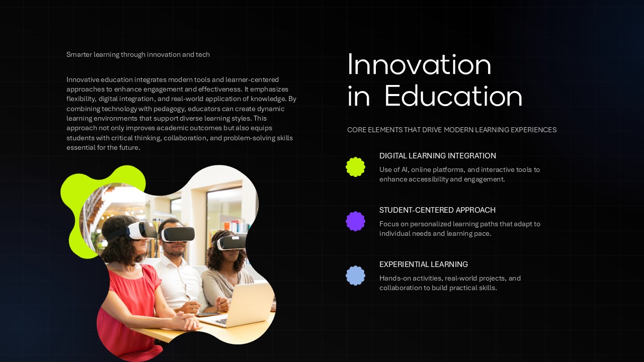 Plantilla de educación innovadora: diapositiva que muestra tres pilares fundamentales de la innovación en la educación.