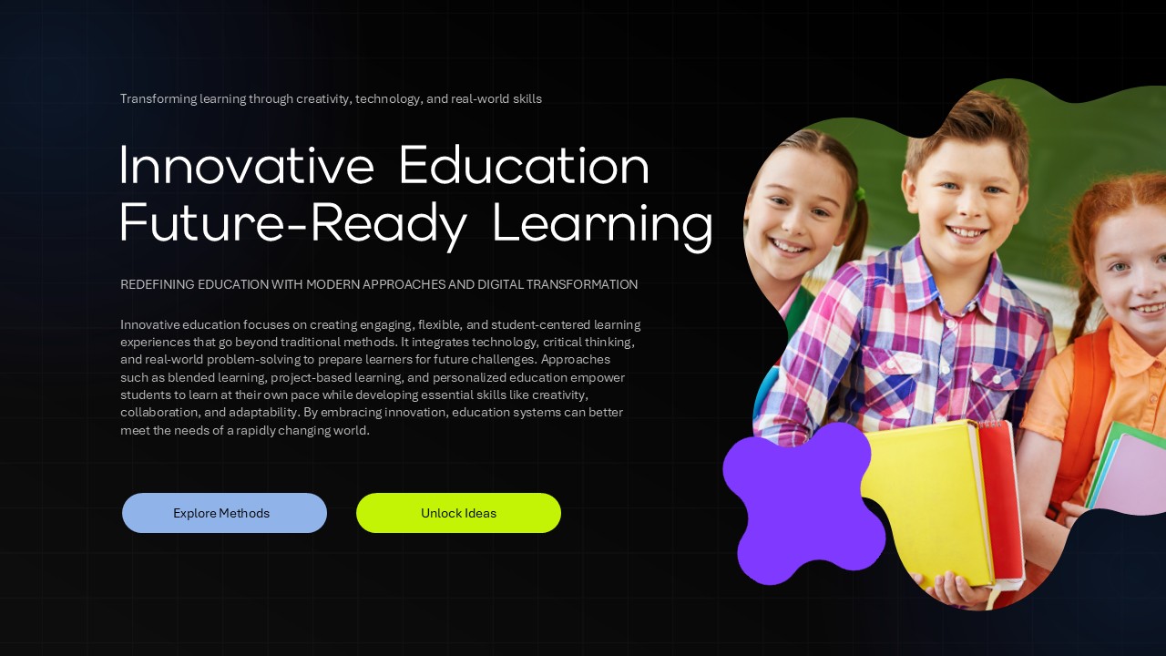 Plantilla de educación innovadora: diapositiva de introducción para explicar conceptos y beneficios del aprendizaje orientado al futuro.