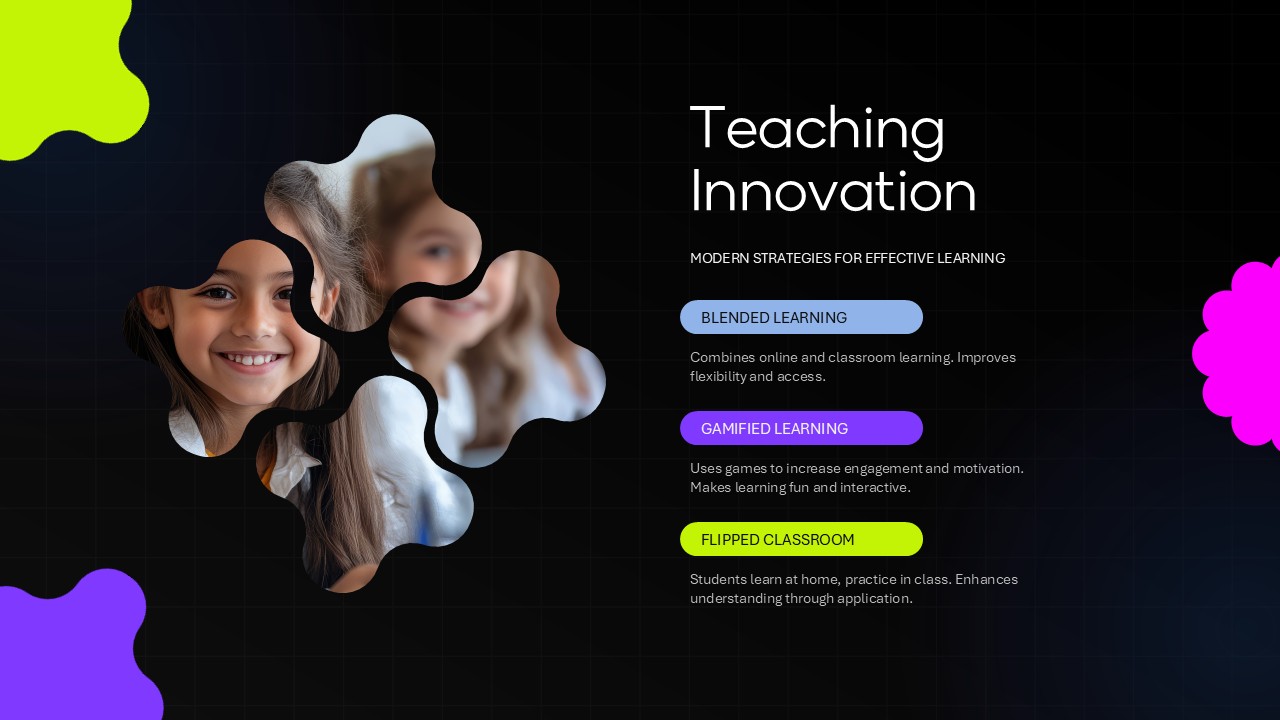 Plantilla de educación innovadora: diapositiva estratégica que presenta tres enfoques modernos de innovación en la enseñanza.