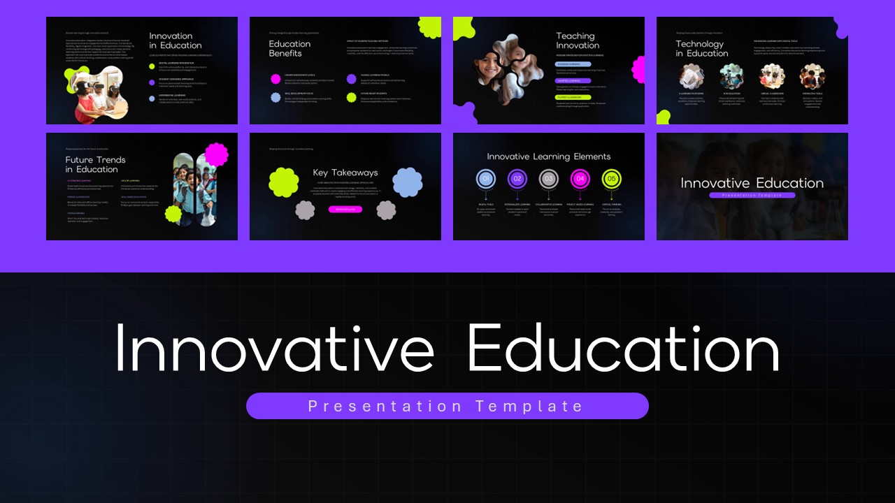 Innovative Education Template - Preview grid showing 8 modern slides for educational presentations