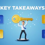 A 3D male character in business attire lifting a large golden key above his head surrounded by four numbered takeaway boxes.